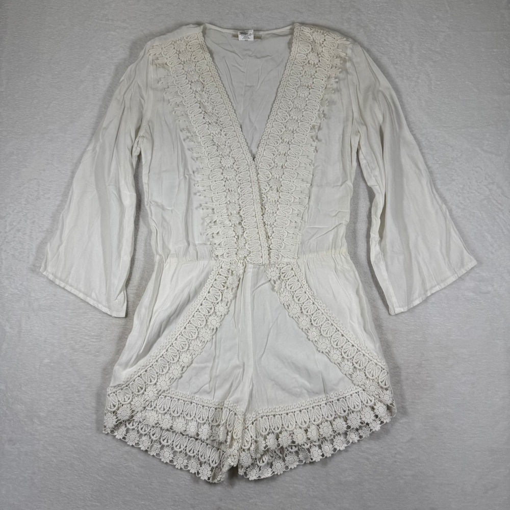 La Blanca White Crochet Lace Trim V-Neck Long‎ Bell Sleeve Romper Small